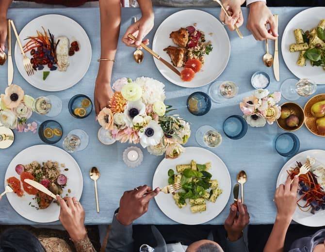 dining table with plates of food