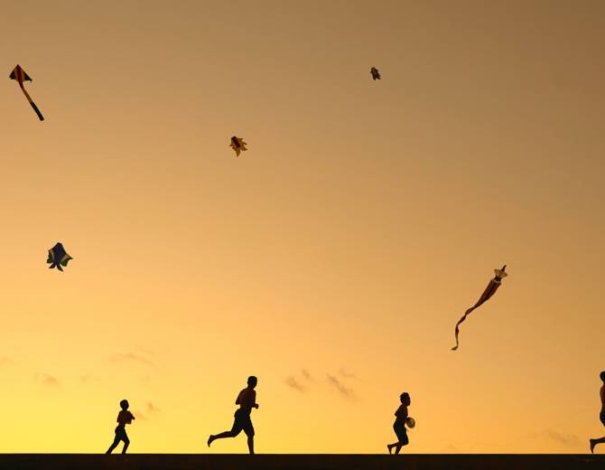 Family flying kites together